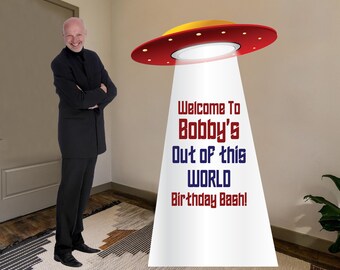 Custom Life Size Cardboard Cutout Prop of Flying Saucer for birthday parties or any event, easel on the back to make it stand