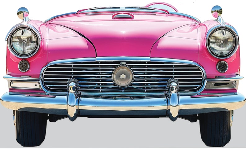 May include: A pink vintage convertible car with a chrome bumper and grille. The car has a white background.