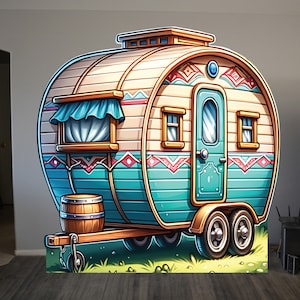 May include: A whimsical, cartoon-style illustration of a teal and brown camper with a wooden door, a window, and a barrel on the back. The camper has a colorful, geometric pattern around the bottom.