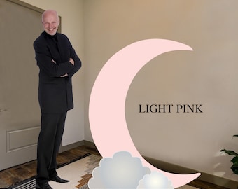 Girl Baby Shower Pastel Pink Crescent Standup Moon Cardboard Cutout standing prop with easel on the back. Can be created in any color.