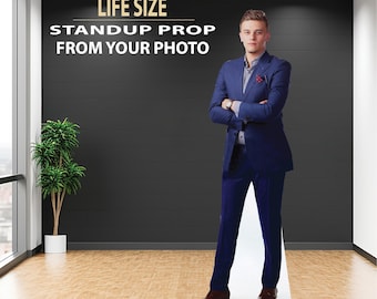 Life Size Cardboard Cutouts Custom made from your photo, standup life size photo, standing photo prop, with easel.