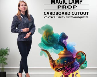 May include: A cardboard cutout of a magic lamp with colorful smoke rising from the top. The lamp is gold with intricate details and is set against a yellow background. The text "MAGIC LAMP PROP CARDBOARD CUTOUT CONTACT US WITH CUSTOM REQUESTS" is displayed above the lamp.