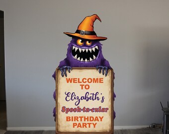 Purple Monster Cardboard Cutout, Halloween Birthday Party Welcome Prop