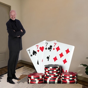 Casino Night Playing Cards cardboard cutout party prop, Lucky 7&#39;s, Casino party. Finished size is 50 inches wide x 42 inches tall