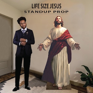 Life Size Jesus Resurrected Cardboard Cutout, Holy Week, Easter Sunday props, he has risen, with easel on the back