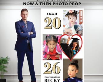 Graduation Now and Then Photos standing cardboard prop with easel on back