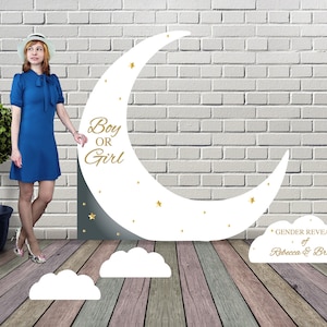 May include: A white crescent moon gender reveal backdrop with gold stars and the text "Boy OR Girl". A white cloud with the text "GENDER REVEAL of Rebecca & Brian" is in the foreground.