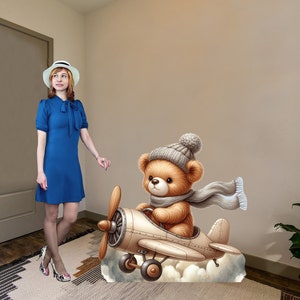 Teddy Bear Party Prop Cardboard Cutout in Airplane fun Baby Shower or Birthday decoration with easel on the back