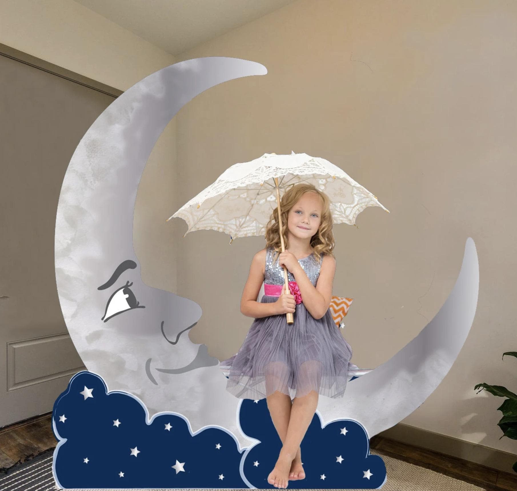 Giant Crescent Moon With Face Cardboard Prop Comes With Easel on