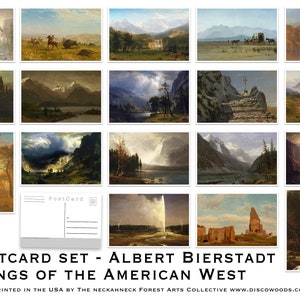 Conjunto de cartões postais do oeste americano - Conjunto de 18 cartões postais de pinturas de Albert Bierstadt - cartões postais de artistas - escola do rio Hudson - paisagens