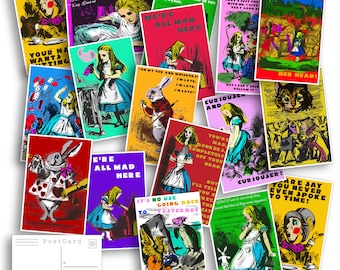May include: A set of 15 colorful postcards featuring illustrations from Alice in Wonderland. The postcards feature various characters from the book, including Alice, the Mad Hatter, the Cheshire Cat, and the White Rabbit. The postcards are printed on high-quality cardstock and are perfect for sending a whimsical message to a friend or loved one.