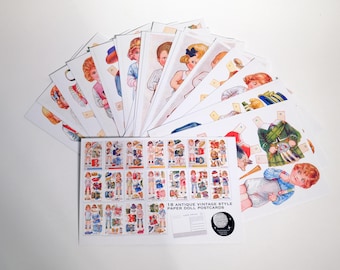 May include: A set of 18 vintage style paper doll postcards featuring children in various outfits. The postcards are printed on white cardstock and have a black and white design on the back. The text on the back reads "18 Antique Vintage Style Paper Doll Postcards".