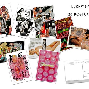 20 cartes postales Luckys World - lot de 26 cartes postales d'artiste - oeuvres d'art découpées à la main - art collage - scrapbooking - carte postale design d'artiste
