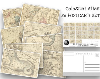 Vintage Celestial Atlas Postcard Set: Astrology & Space (26 Cards)