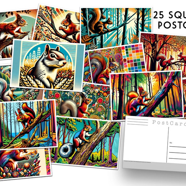25 Squirrel Postcards - Set of 25 Squirrel Post cards - Animal prints - pop art - Art Nouveau Design Postcard - home decor -junk journals