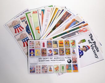 May include: A set of 25 vintage-style postcards featuring wartime propaganda images. The postcards are printed in black and white and feature images of food, agriculture, and patriotism. The text on the postcards reads "25 Dept of Agriculture Wartime Postcards".