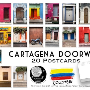 Cartagena Doorways Conjunto de cartões postais de viagem colombianos - Conjunto de 20 cartões postais - Colômbia - Viagem - Cartões postais para scrapbooking - Aventura - decoração para casa