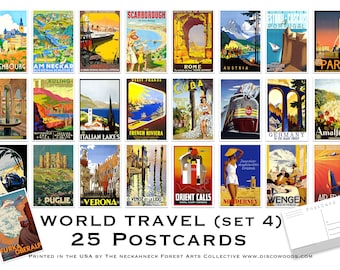 Carte postale de voyage dans le monde (lot de 4) - lot de 25 cartes postales - vintage - voyage - cartes postales de scrapbooking - aventure - décoration d'intérieur