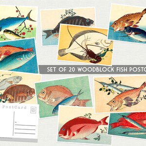 May include: Set of 20 vintage-style postcards featuring colorful woodblock prints of various fish. The postcards are blank on the back and ready for writing.
