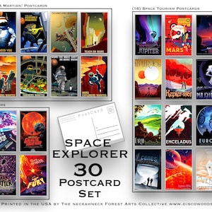 May include: A set of 30 postcards featuring retro-style illustrations of space exploration and tourism. The postcards are divided into three categories: "Be a Martian!", "Space Tourism", and "Galaxy of Horrors". Each postcard features a unique design with vibrant colors and bold text.