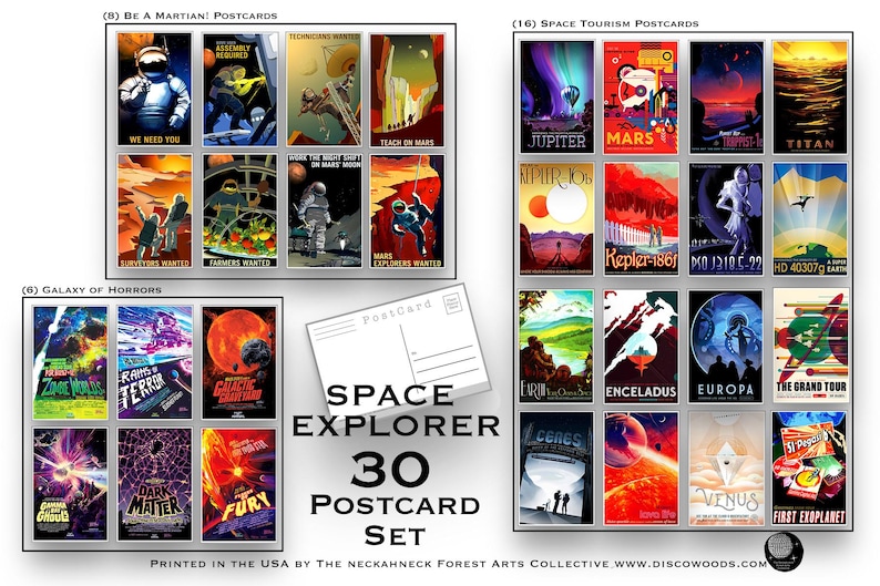 May include: A set of 30 postcards featuring retro-style illustrations of space exploration and tourism. The postcards are divided into three categories: "Be a Martian!", "Space Tourism", and "Galaxy of Horrors". Each postcard features a unique design with vibrant colors and bold text.