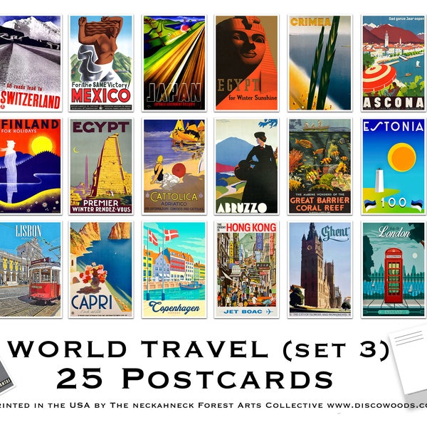 World Travel Postcard (Set 3) - Set of 25 Postcards - Vintage - Travel - Scrapbooking Post Cards - Adventure - home decor