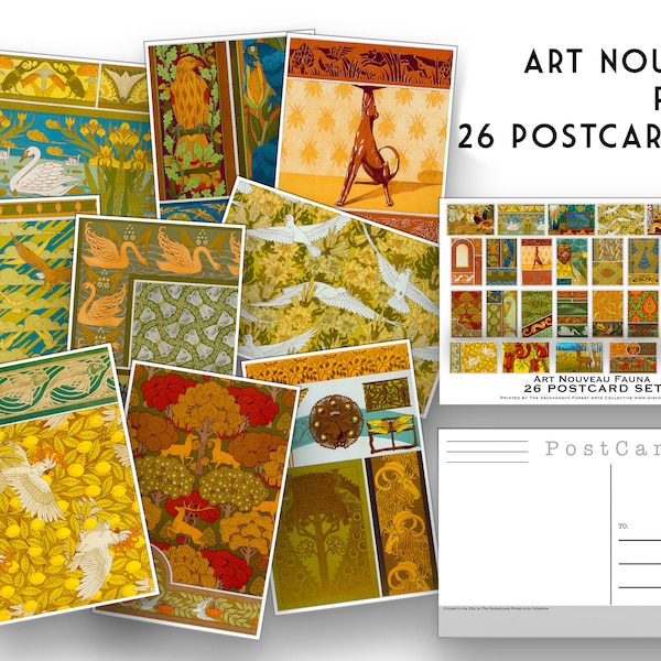 26 Art Nouveau Fauna Postcards - Set of 26 Artist Post cards - Animal Patterns - Maurice Verneuil - Scrapbooking - Vintage Design Postcard