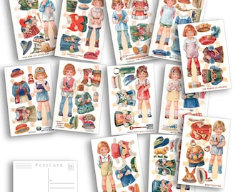 Paper Dolls Postcards - Set of 18 Postcards - Vintage - Scrapbooking Post Cards - Mail them cut them out or collage them