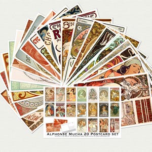 Art Nouveau Postcard Set - Set of 20 Artist Postcards of Alphonse Mucha paintings - Fine Art -decorative Post Cards - illustration postcards