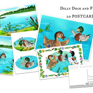 Dilly Duck and Friends Postkarten Set - 20 Cartoon Postkarten - Entenliebhaber - Geschenk für Kinder - Sammelalbum - Lesen lernen - Wohndeko