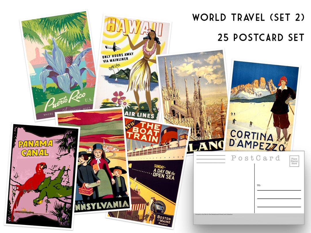 World Travel Postcards Set (2): Vintage Style Art Prints Set of 25 - Etsy