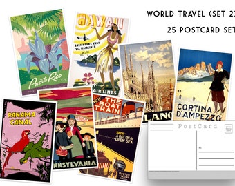 World Travel (Set 2) - NEW Set of 25 Postcards - Vintage - Travel - Scrapbooking - Post Cards - Adventure - homer decor - post card set