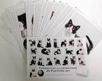 May include: A set of 20 postcards featuring illustrations of tuxedo cats in various poses. The postcards are printed in black and white and have a white border. The text "Tuxedo Cat Illustrations 20 Postcard Set" is printed on the bottom of the postcards.