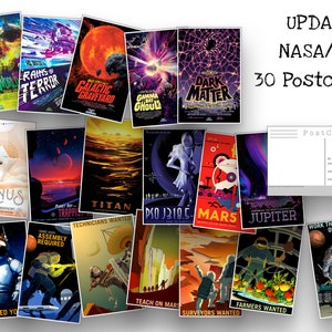 May include: A set of 30 postcards featuring colorful illustrations of planets, space travel, and astronauts. The postcards are designed in a retro style with bold text and bright colors. The text on the postcards includes phrases like "Work the Night Shift on Mars Moon", "Technicians Wanted", and "Teach on Mars".