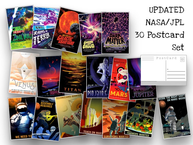 May include: A set of 30 postcards featuring colorful illustrations of planets, space travel, and astronauts. The postcards are designed in a retro style with bold text and bright colors. The text on the postcards includes phrases like "Work the Night Shift on Mars Moon", "Technicians Wanted", and "Teach on Mars".