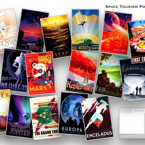 May include: A collection of colorful postcards featuring illustrations of planets and celestial bodies, with text such as "Venus", "Trappist-1", "Mars", "Jupiter", "Europa", "Enceladus", "Kepler-16b", "Kepler-186f", "HD 40307g", "51 Pegasi", "First Exoplanet", "Ceres", "Earth", "The Grand Tour", and "Space Tourism Postcards".