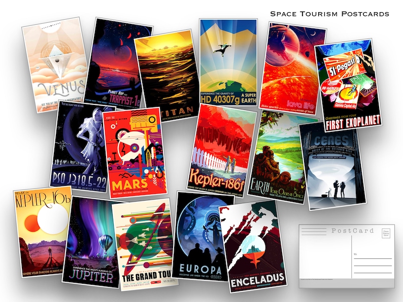 May include: A collection of colorful postcards featuring illustrations of planets and celestial bodies, with text such as "Venus", "Trappist-1", "Mars", "Jupiter", "Europa", "Enceladus", "Kepler-16b", "Kepler-186f", "HD 40307g", "51 Pegasi", "First Exoplanet", "Ceres", "Earth", "The Grand Tour", and "Space Tourism Postcards".