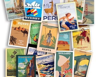 World Travel Postcard Set - Set of 25 Postcards - Vintage - Travel - Scrapbooking Post Cards - Adventure - Jet Setting