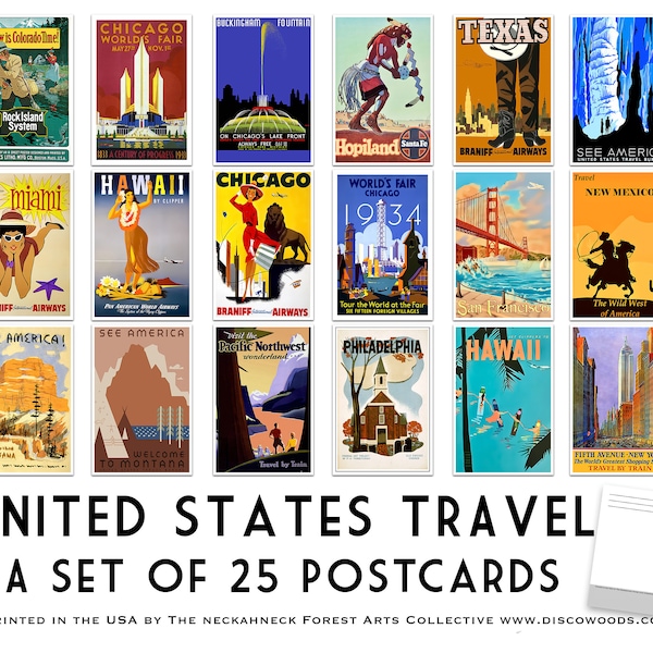 Ensemble de cartes postales de voyage aux États-Unis - lot de 25 cartes postales - vintage - voyages - cartes postales de scrapbooking - aventure - décoration d'intérieur