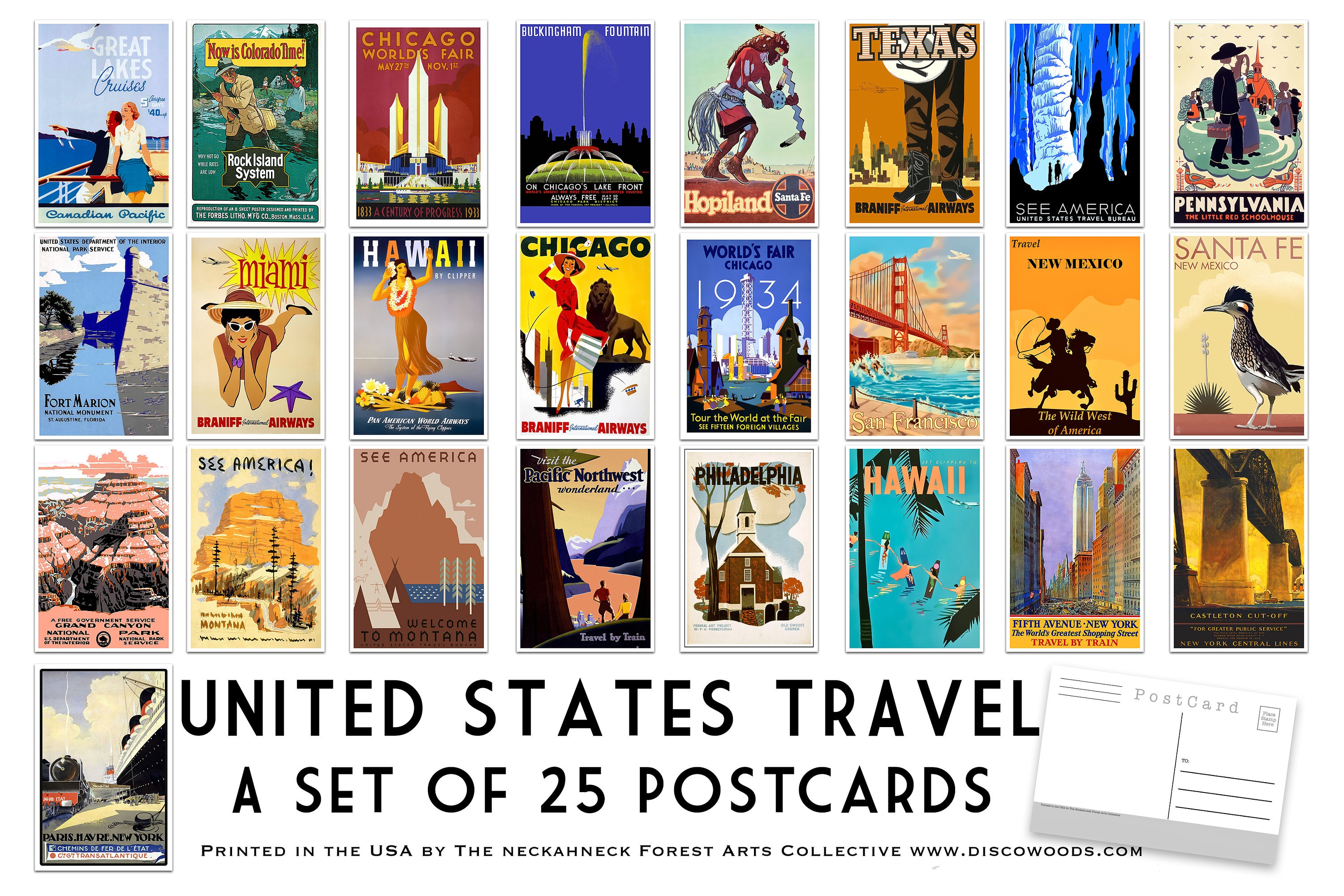 Vintage US Travel Postcard Set: Set of 25 - Scrapbook Collage