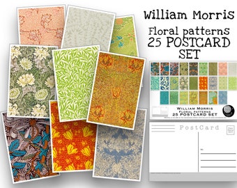 Ensemble de cartes postales à motif floral - Ensemble de 25 cartes postales d'artiste - William Morris pattern art - imprimés de fleurs - Scrapbooking - vintage - art déco