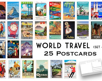 May include: A set of 25 vintage-style postcards featuring illustrations of various countries and cities around the world. The postcards are printed on thick cardstock and have a matte finish. The set includes postcards for Sweden, Matterhorn, Canada, Morocco, Amsterdam, Zurich, Ontario, Norway, Holland, Egypt, Indonesia, India, Yorkshire, York, Green Gables House, Andorra, Vancouver, Quebec, and German Winter.