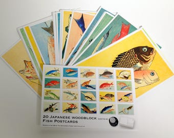 Vintage japanska fiskvykort: Ukiyo-e träblockstryck - Set om 20