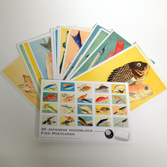 Vintage Japanese Fish Postcards: Ukiyo-e Woodblock Print Art - Set of 20