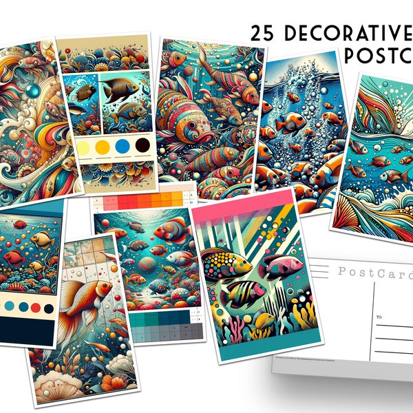 25 Fish Postcards - set of 25 decorative fish post cards - Outdoors - Nature - ornate - Wall Art - Scrapbook - junk journal -bright colorful