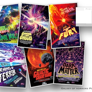 May include: A set of six vintage-style horror movie poster postcards featuring colorful illustrations of space, planets, and creepy creatures. The titles include "Zombie World", "Gamma Ray Ghoul", "Flares of Fury", "Rains of Terror", "Galactic Graveyard", and "Dark Matter".