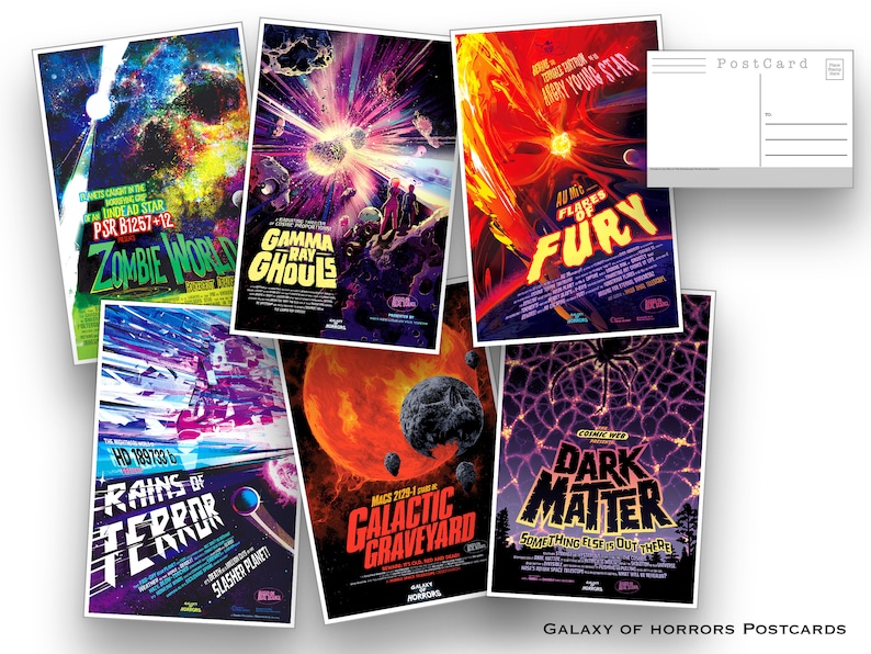 May include: A set of six vintage-style horror movie poster postcards featuring colorful illustrations of space, planets, and creepy creatures. The titles include "Zombie World", "Gamma Ray Ghoul", "Flares of Fury", "Rains of Terror", "Galactic Graveyard", and "Dark Matter".