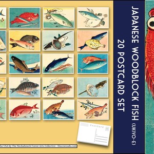 Vintage Japanese Fish Postcards: Ukiyo-e Woodblock Print Art - Set of 20 image 2
