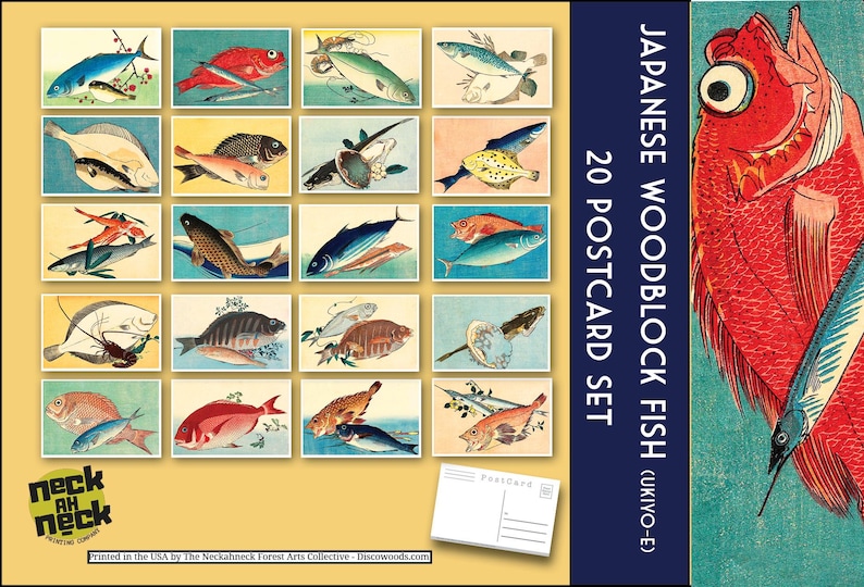 Vintage Japanese Fish Postcards: Ukiyo-e Woodblock Print Art - Set of 20 image 2