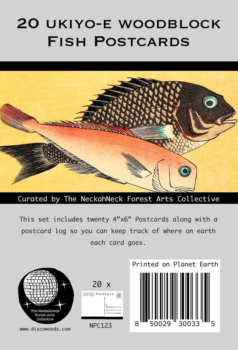 May include: A set of 20 Japanese-style woodblock print postcards featuring two colorful fish. The postcards are 4 inches by 6 inches and come with a postcard log to keep track of where each card goes. The set is curated by The NeckahNeck Forest Arts Collective. Printed on Planet Earth. NPC123.